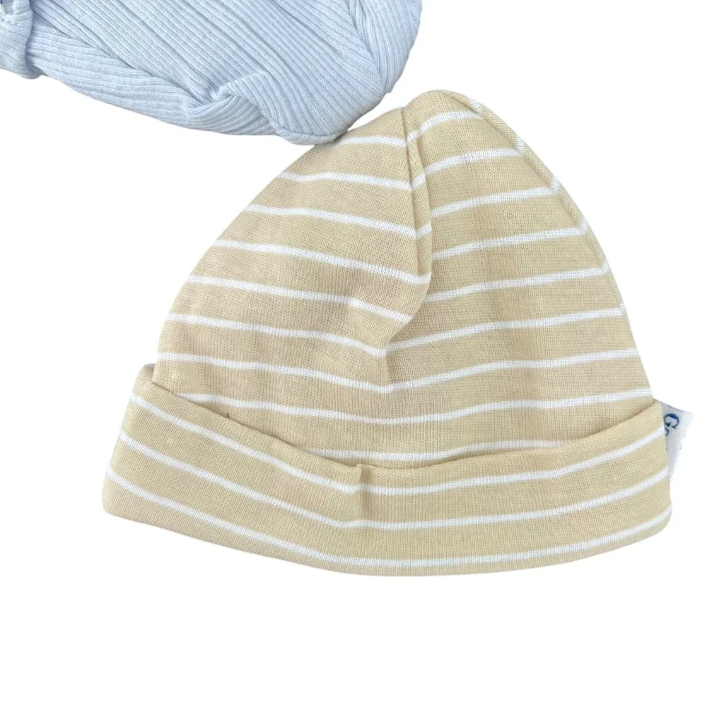 Gerber Hat Set Newborn NB Blue Tan 3 Pack Bear Ears Ribbed Striped Cotton Caps